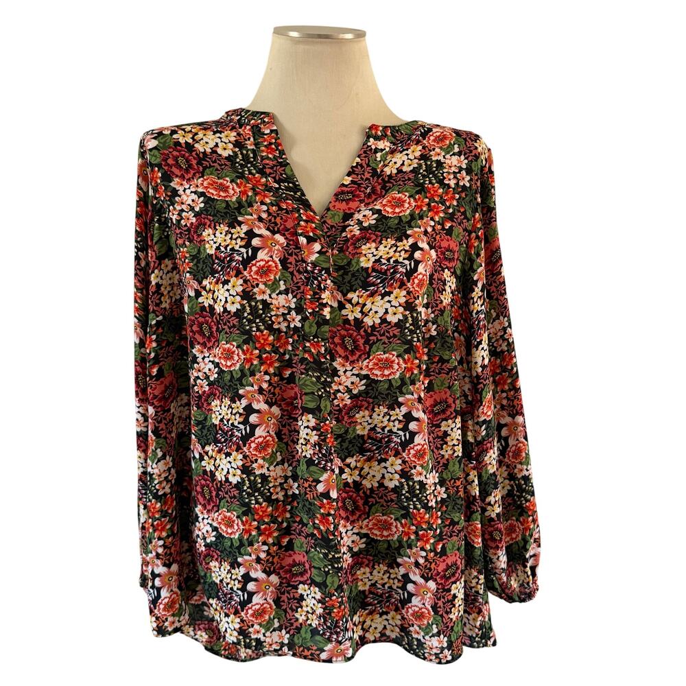 Tahari Dark Floral Blouse Plus Size 1X Casual Work Office Date Night